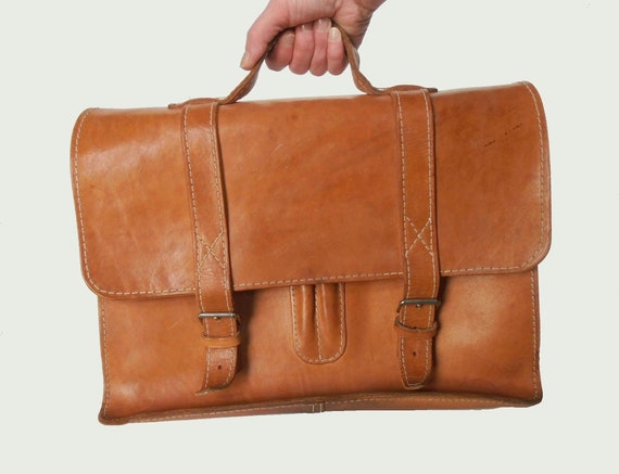 Vintage briefcase leather school bag, cognac brown