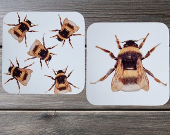 Bumble Bee coasters, Mixed Sets of 2, 4 or 6, Square 9 x 9cm hardbacked, exclusive design adapted from my art, Bumble Bee Lover Gift