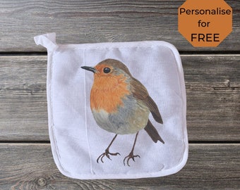 Robin Pot Grab, Personalised Pot Mat, Quilted trivet, hotpad, Robin Kitchen Decor, Bird Lover Gift, British Wildlife Gift,  Cooking Mat