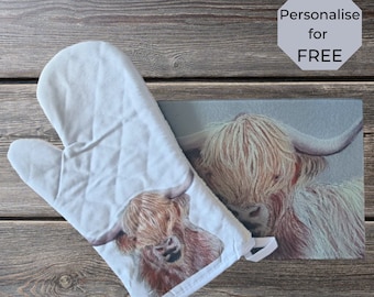 Highland Cow Oven Glove, Premium Oven Mitt. Kitchen Gift, housewarming gif, Durable. Exclusive Design can be personalised, Hairy cow gift