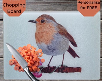 Robin Personalised Glass Chopping Cutting Board, Large, Worktop Saver Robin, British Bird, Kitchen, Housewarming Gift, Exclusive Design