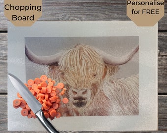 Highland Cow Personalised Glass Chopping Cutting Board Worktop Saver, Large, Cow Lover, housewarming gift, Tough, Durable. Exclusive Design