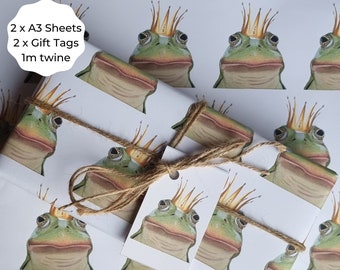 Frog Prince Gift Wrapping Set, 2 x A3 sheets, 2 x Gift Tags, 2m twine, Frog Prince Wrapping Paper, Frog Prince Print,  Green Frog