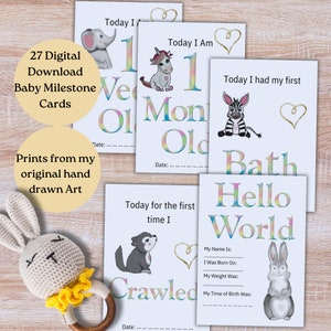 Cartes animaux bébé jalon, fichier numérique pour 27 cartes avec âges et premiers jalons. Non sexiste, accessoires photo pour cartes souvenirs dessinées à la main