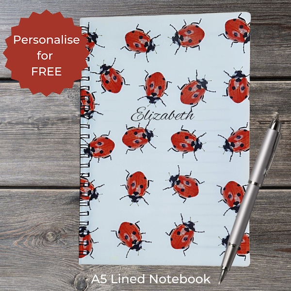 Ladybird Lined A5 Notebook ideal gift for any occasion, covers are printed with my hand drawn art. Personalise for FREE with name or text