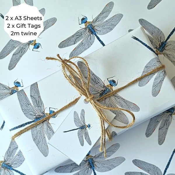 Dragonfly Gift Wrapping Set, 2 x A3 sheets, 2 x Gift Tags, 2m twine, Dragonfly Wrapping Paper, exclusive Design, Blue Dragonfly Print