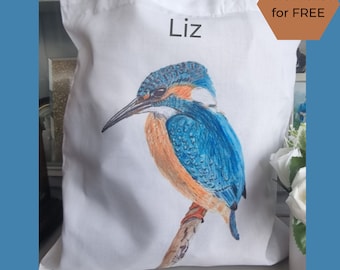 Personalised Kingfisher tote bag large cotton feel ethically produced, British Bird lover gift. perfect gift, exclusive great for shopping