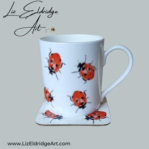 Ladybird Mug, Bone China, 11oz, matching coaster available, Ladybug, Lovebug, Great gift idea for Birthdays, Insect Lover gift image 2