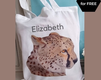 Personalised Cheetah tote bag, large, cotton feel ethically produced, wildlife lover, big cat lover. perfect gift,  great for shopping