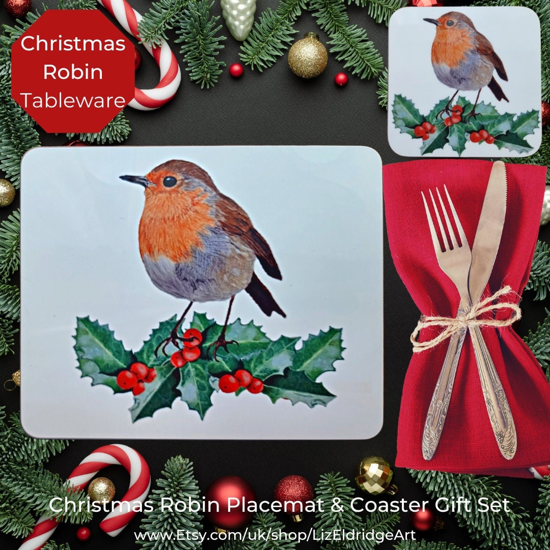 Christmas Robin Placemat and Coaster Set Original Art Hard Etsy