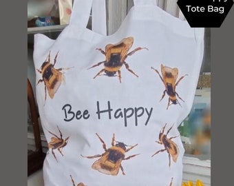 Bee Happy tote bag, large, cotton feel ethically produced,  long handled bag. perfect gift, exclusive art design. great for shopping