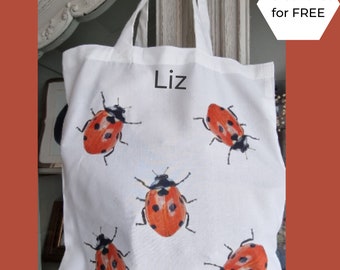 Personalised Ladybird tote bag, Ladybug Tote Bag large, cotton feel ethically produced, perfect gift, exclusive design great for shopping