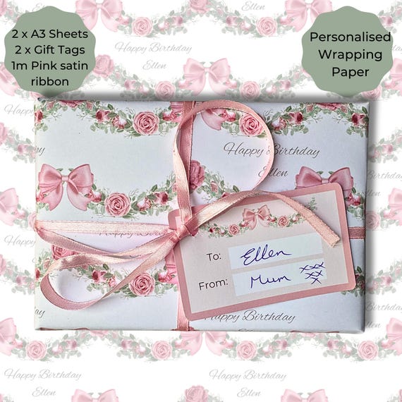 Personalised Pink bows & roses swag Wrapping Set 2 x A3 sheets, 2 x Gift Tags, 2m pink ribbon, pretty pink gift wrap for girls original art