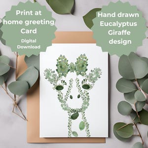 Biglietto d'auguri con design Giraffe Eucalyptus, arte disegnata a mano da scaricare e stampare a casa, biglietto per un amante delle giraffe, arte della natura, regalo giraffa