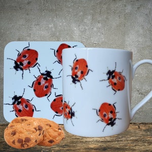 Ladybird Mug, Bone China, 11oz, matching coaster available, Ladybug, Lovebug, Great gift idea for Birthdays, Insect Lover gift image 1