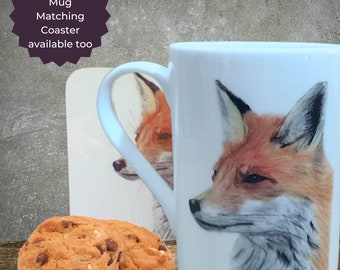 Fox Mug, Bone China (11oz), matching coaster available.  Fox lover, Gift set, Animal lover, matching set, exclusive art design.