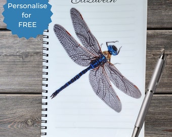 Dragonfly Lined A5 Notebook ideal gift for any occasion, covers are printed with my hand drawn art. Personalise for FREE with name or text