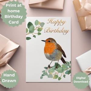 Impressionante cartão de aniversário digital desenhado à mão Robin e Eucalyptus para download para imprimir em casa cartão de aniversário de arte desenhada à mão para senhora ou homem