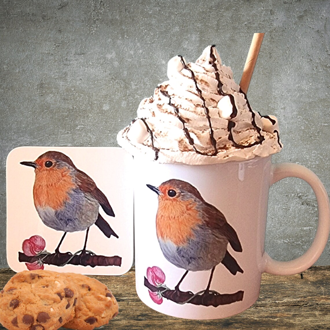 Robin Mug matching coaster available. Bird lover British Etsy
