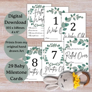 Cartões de marcos do bebê de eucalipto, arquivo digital com 29 lindos cartões com meus desenhos feitos à mão, acessórios para fotos para cada idade e primeiros marcos.