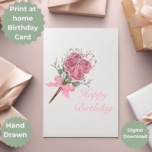 Prachtig oud roze rozenboeket digitale download verjaardagskaart om thuis af te drukken, handgetekende kunst, verjaardagskaart voor moeder, vrouw, vriendin