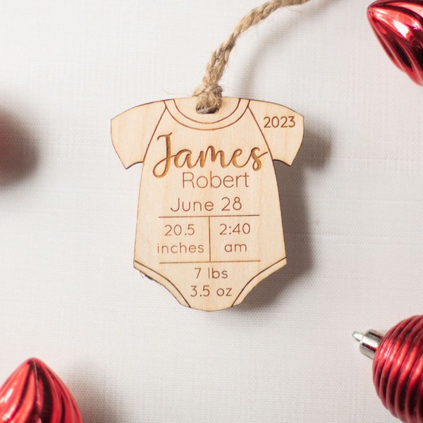 Personalized Wooden Baby's First Christmas Ornament | Baby Bodysuit
