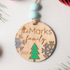 Personalized Family Ornament - Hand Painted snowflakes & tree
