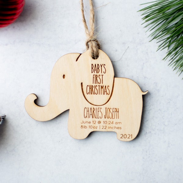 Personalized Wooden Baby's First Christmas Ornament | Elephant