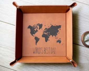 Leather Valet Tray, Valet Tray For Men, Catch All Tray | World Map Leather Tray