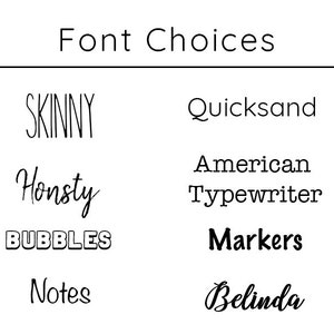 K&ouml;nnte beinhalten: Ein Diagramm mit dem Titel "Font Choices" zeigt verschiedene Schriftstile. Die Schriften sind: "Skinny", "Honsty", "Bubbles", "Notes", "Quicksand", "American Typewriter", "Markers" und "Belinda".