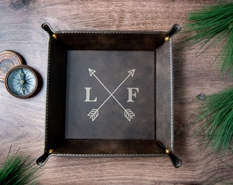 Leather Valet Tray, Valet Tray For Men, Catch All Tray | Arrow with Initials Tray