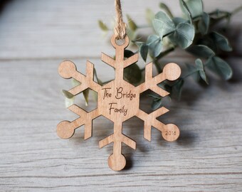 Personalized Wooden Family Ornament, Snowflake Design