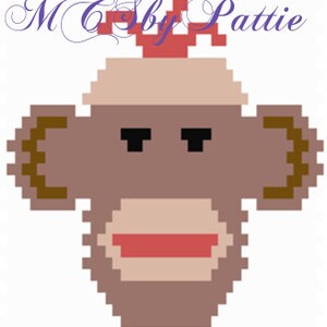 Könnte beinhalten: Ein pixelartiger brauner Affe mit einem roten Hut. Der Affe hat braune Ohren, schwarze Augen und einen roten Mund. Der Text "MC by Pattie" befindet sich im Hintergrund.
