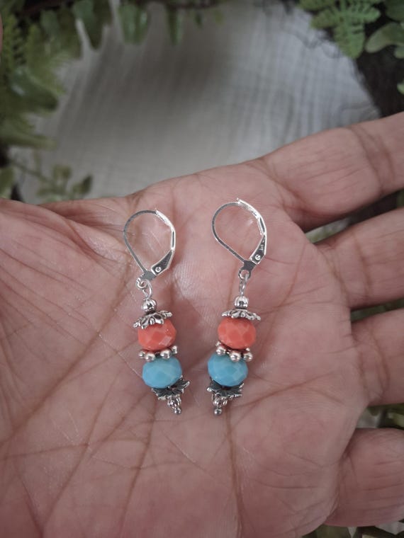 Collier & Boucles D'oreilles Turquoise & Corail - Ensemble Bijou Bohème Longueur 22 Cm - Occasion Bon état