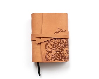 Handmade notepad with Mandala and Om A6 leather bound journal vegetabel tanned leather with a light vintage look
