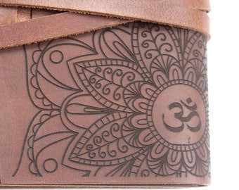 Handmade notepad with Mandala and Om A6 leather bound journal vegetabel tanned leather with a light vintage look