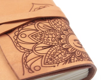 Handmade notepad with Mandala and Om A6 leather bound journal vegetabel tanned leather with a light vintage look