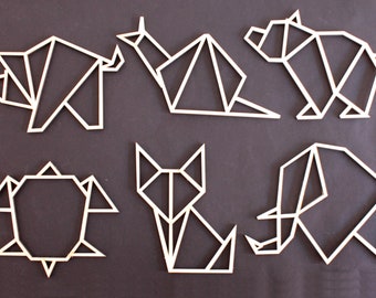 Incantevole set di 6 animale, geometrico, decorazione, vivente, animale, moderno, minimalista, legno, laser