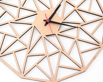 Laser cut wood geometric modern wall clock living 39cm clock gift wall decor Unique wall Clock - silent