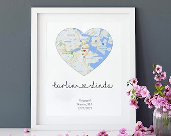 Personalized Engagement Map Print, Couple Gift, Newlywed Decor