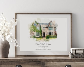 May include: A watercolor painting of a house with a brown roof and white trim. The house has a large front yard with green grass and trees. The text "Our First Home The Haymans 5451 Ridgetop Hill, VA 22032" is printed below the house.
