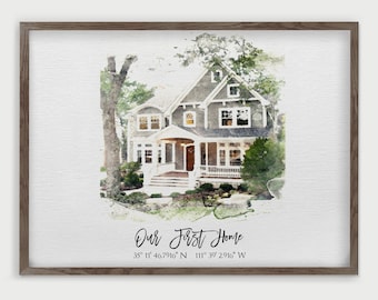 May include: A watercolor painting of a gray house with a white porch and a green lawn. The text "Our First Home" and the coordinates "35° 11' 46.7916" N 111° 39 2.916" W" are written below the house.