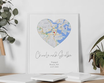 Personalized Engagement Map Print, Heart Map, Valentine's Gift