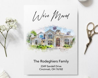 Watercolor Home Moving Announcement Cards, Custom Watercolor House Portrait, We've Moved Card