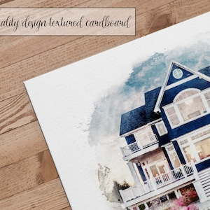 Custom watercolor house portrait illustration on textured cardboard. Personalized home painting gift for new homeowners, real estate closing gift, or anniversary present. Navy blue house art print on premium cardstock.