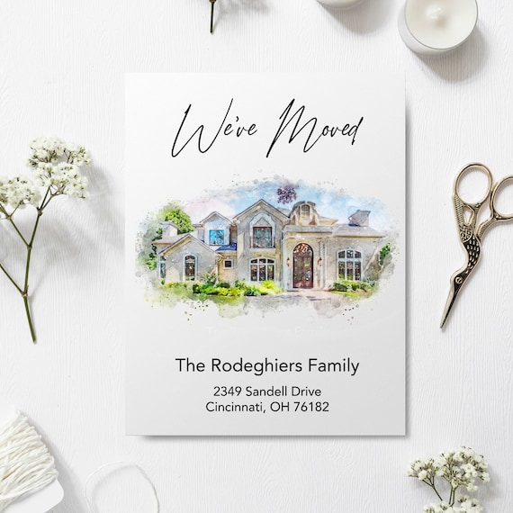 We've Moved Cards with House Portrait, Personalized Moving Announcement, New Address Card