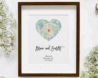 Wedding Gift Art Heart Map, Gift for Couple,  Anniversary Gift, Custom Wedding Gift, Anniversary Print,  Wedding Map Art, Engagement Gift