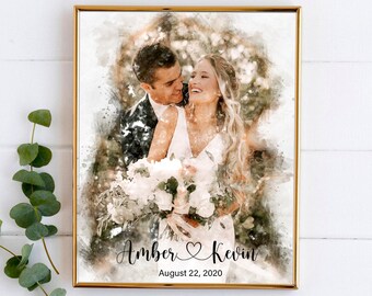 Custom Couple Portrait, Watercolor Anniversary Gift