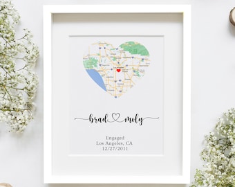 Personalized Engagement Map Print, Custom Heart City Map with Names, Location and Date