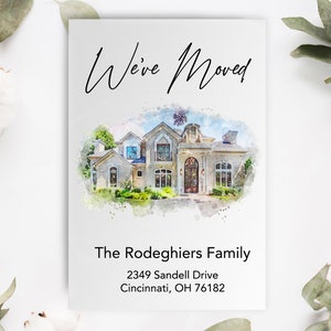Custom watercolor house portrait "We've Moved" announcement card. Personalized new home moving notice featuring a hand-painted style illustration of a luxury home. Minimalist moving card design with elegant script and serif typography, surrounded by natural botanical elements.